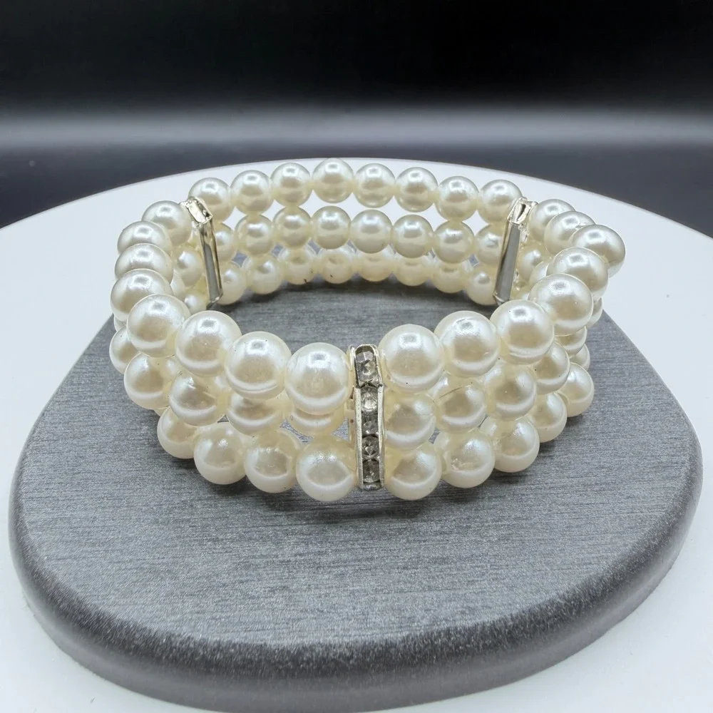 Three Strand Faux Pearl Rhinestone Stretch Bracelet Cuff Cream Statement Jewelry